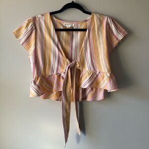Aeropostale Pink Orange Striped Front Tie Short Sleeve Crop Top size S